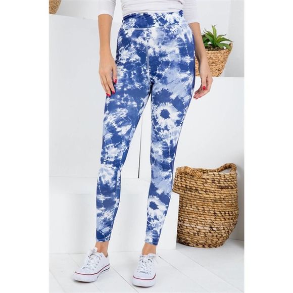 Navy White Tie Dye High Waist Leggings L - Picture 3 of 7